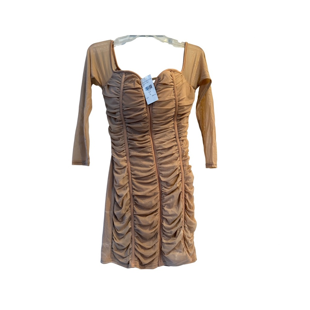 Ruched Mesh Bodycon Dress • Long Sleeve • Blush• Size L NWT